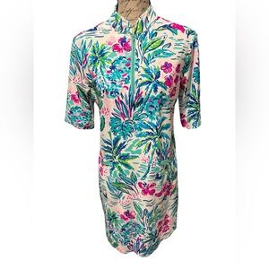 ARYEH Paradise Glow Short Sleeve Knee Length Bright Tropical Dress Size Small